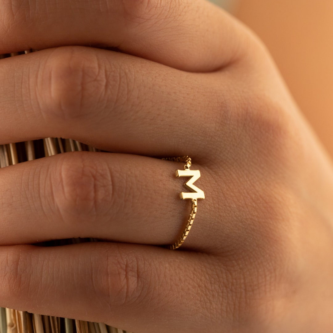 Gold Box Chain Ring Valentine's Day Gift Tiny Initial Ring Christmas