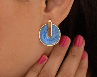Silvery Blue Errings - Mother's Day Gift - Enamel Modern Stud Earring - Trending Earrings - Modern Jewelry - Birthday Gift - Gift for Her
