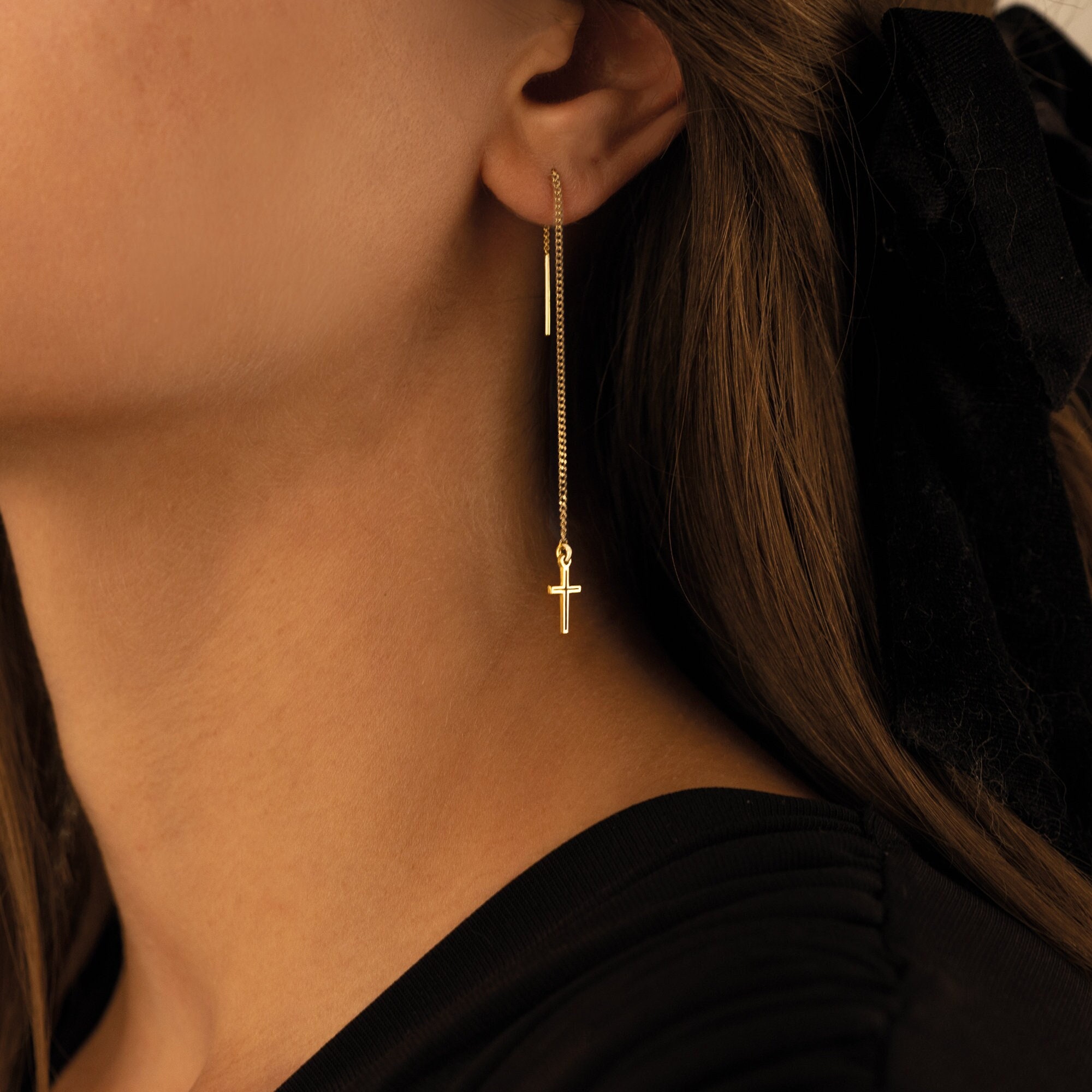 Threader Cross Earring - Mother&#39;s Day Gift - Tiny Cross Threader Earrings - Minimalist Earrings - Cross Dangle Earrings - Christian Gift