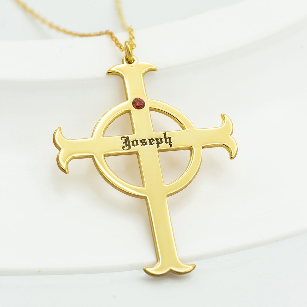 Gold Custom Name Cross Necklace With Birth Stone Mother's Day Gift
