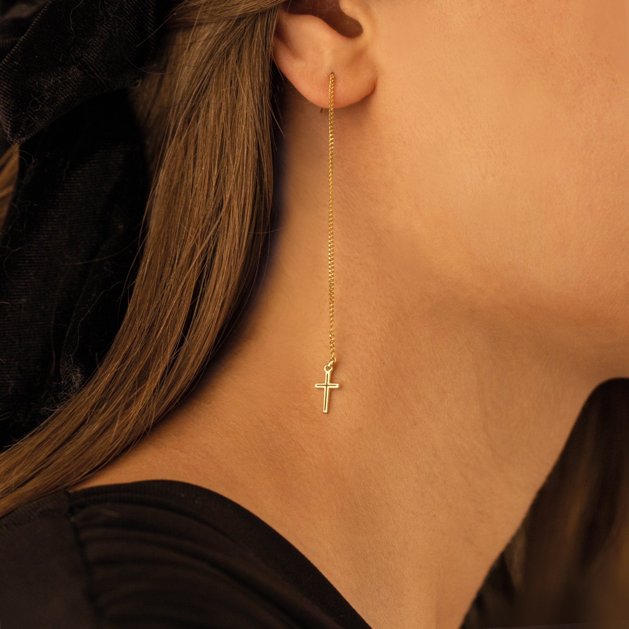 Threader Cross Earring - Mother&#39;s Day Gift - Tiny Cross Threader Earrings - Minimalist Earrings - Cross Dangle Earrings - Christian Gift