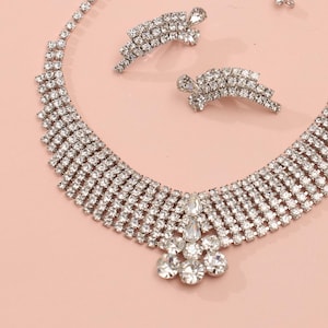 Vintage Strass Brautschmuck Set - Klare Kristall Bib Halskette & Ohrclips, Strass Schmuck