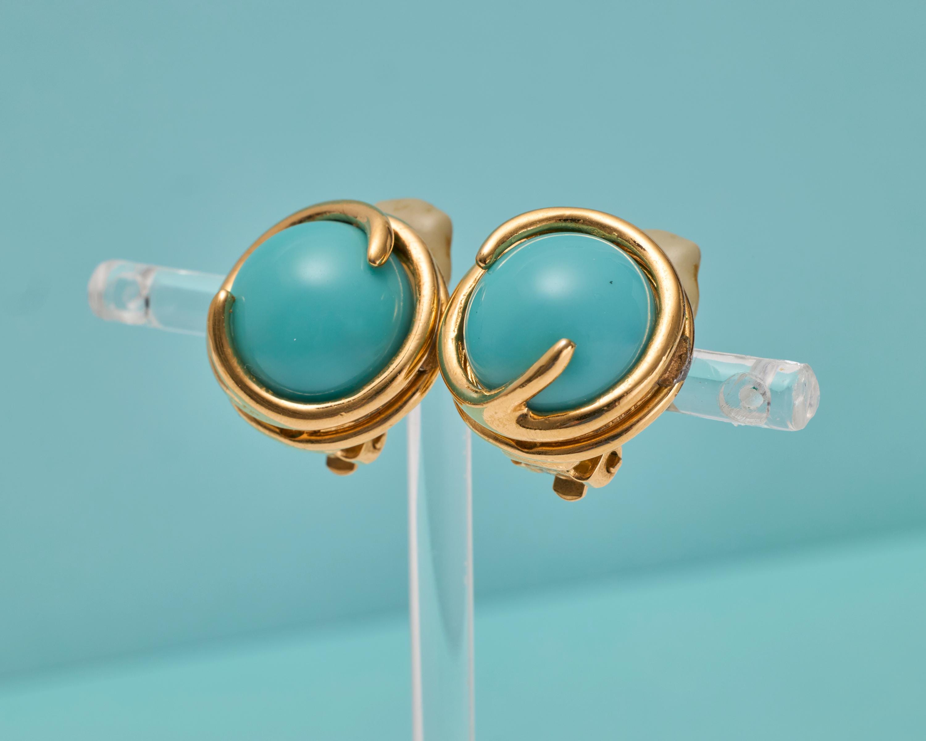 Ciner Round Turquoise Gold Tone Clip-on Earrings - Etsy 1950\'s CINER Signed Swivel Round Turquoise Gold Tone Clip On Earrings Vintage main image 1