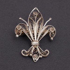 Vintage 800 Silver Filigree Fleur de Lis Brooch, Mid-Century, 1950s