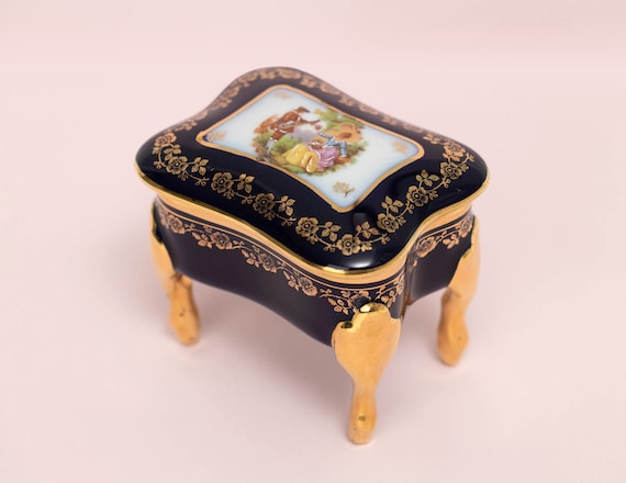 Limoges France Cobalt Blue Gold Lidded Trinket Jewelry Box with Footed Base