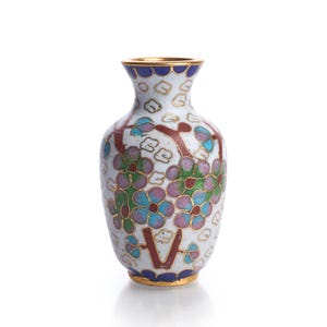 Mini White Cloisonné Vase – Vintage Dollhouse Decor – Pink Blue Green Floral Accents – Asian Style Miniature