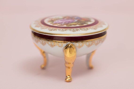 Limoges France Burgundy and Gold Lidded Trinket Jewelry Box with Footed Base View 4