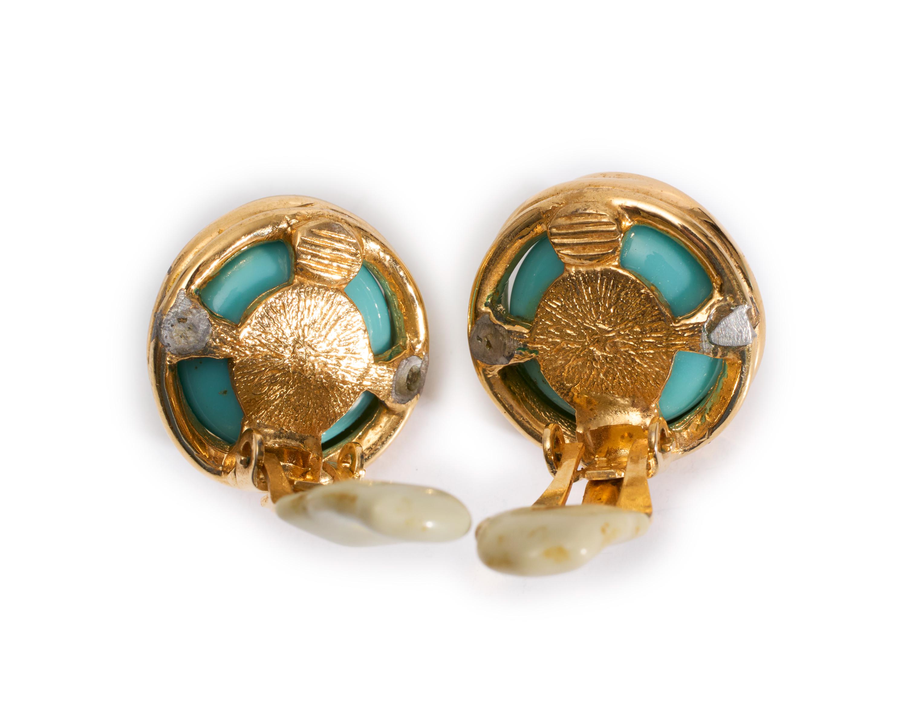 Ciner Round Turquoise Gold Tone Clip-on Earrings - Etsy 1950\'s CINER Signed Swivel Round Turquoise Gold Tone Clip On Earrings Vintage main image 0