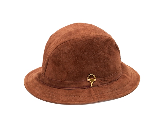 Vintage Gucci Suede Fedora Hat With Goldtone Equestrian  display picture 1