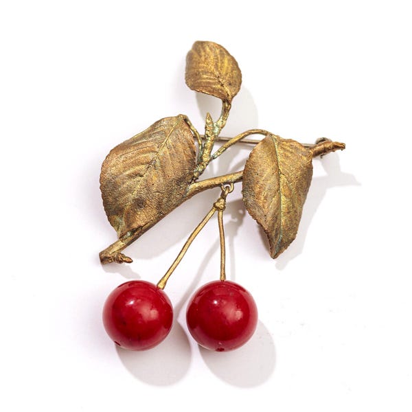 Michael Michaud Signed Silver Seasons Red Jade Cherry Brooch – 1990s Botanical Jewelry