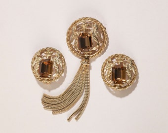 Napier Vintage Winged Griffin Honey Yellow Rhinestone Pin and Earrings Set