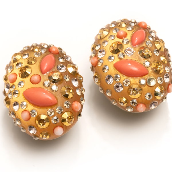 Alexis Bittar Lucite "Crystal Dust" Coral Rhinestone Earrings