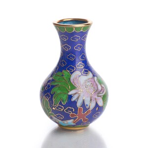 Miniature Cloisonné Vase Blue Floral | Vintage Asian Dollhouse Decor | 2.5&quot; Enamel Vase | Pink Green Flowers | Tiny Collectible Vase
