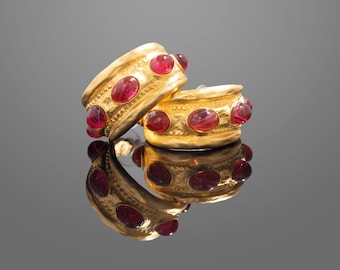 Vintage Kenneth Lane Byzantine Gold Hoop Earrings with Faux Rubies