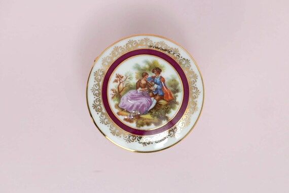 Limoges France Burgundy and Gold Lidded Trinket Jewelry Box with Footed Base View 2