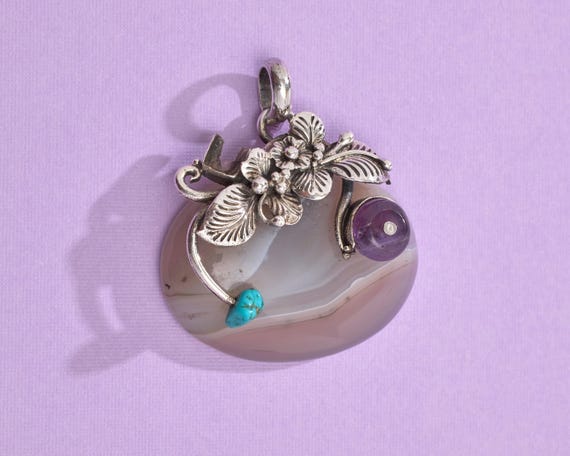 Sterling Silver Geode Pendant With Amethyst Turquoise Beads