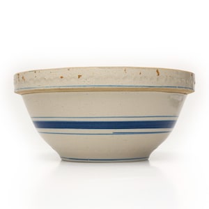 Vintage Blue Stripe Stoneware Bowl – 12&quot; Diameter, Primitive Kitchen Decor