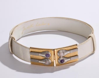 Vintage Judith Leiber Gold Embellished Women\'s Adjustable White Leather Belt. VINTAGE Lizard Leather Belt White JUDITH LEIBER Swarovski  main image 2