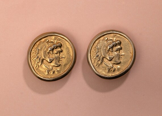 Vintage Gold-Tone Roman Greek Soldier Coin Earrin… - image 4