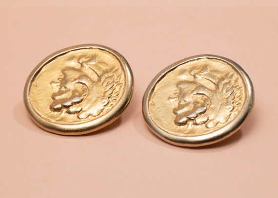 Vintage Gold-Tone Roman Greek Soldier Coin Earrin… - image 8