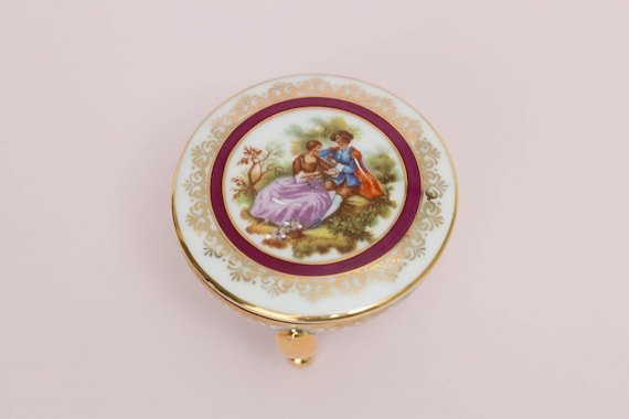 Limoges France Burgundy and Gold Lidded Trinket Jewelry Box with Footed Base
