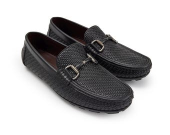 Ermenegildo Zegna Black Woven Leather Horsebit Loafers US 9 Made in Italy