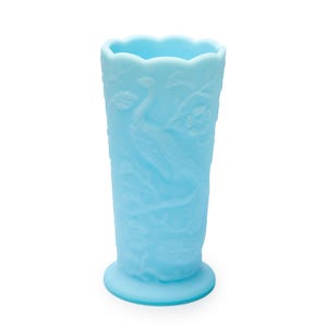 Vintage Fenton Blue Satin Glass Vase – 8&quot; Peacock in the Flower Garden – Art Milk Glass