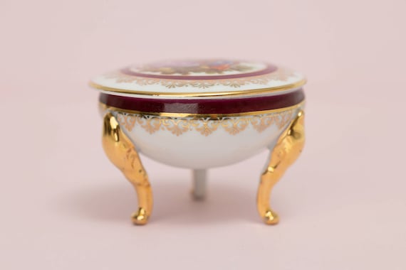 Limoges France Burgundy and Gold Lidded Trinket Jewelry Box with Footed Base View 5