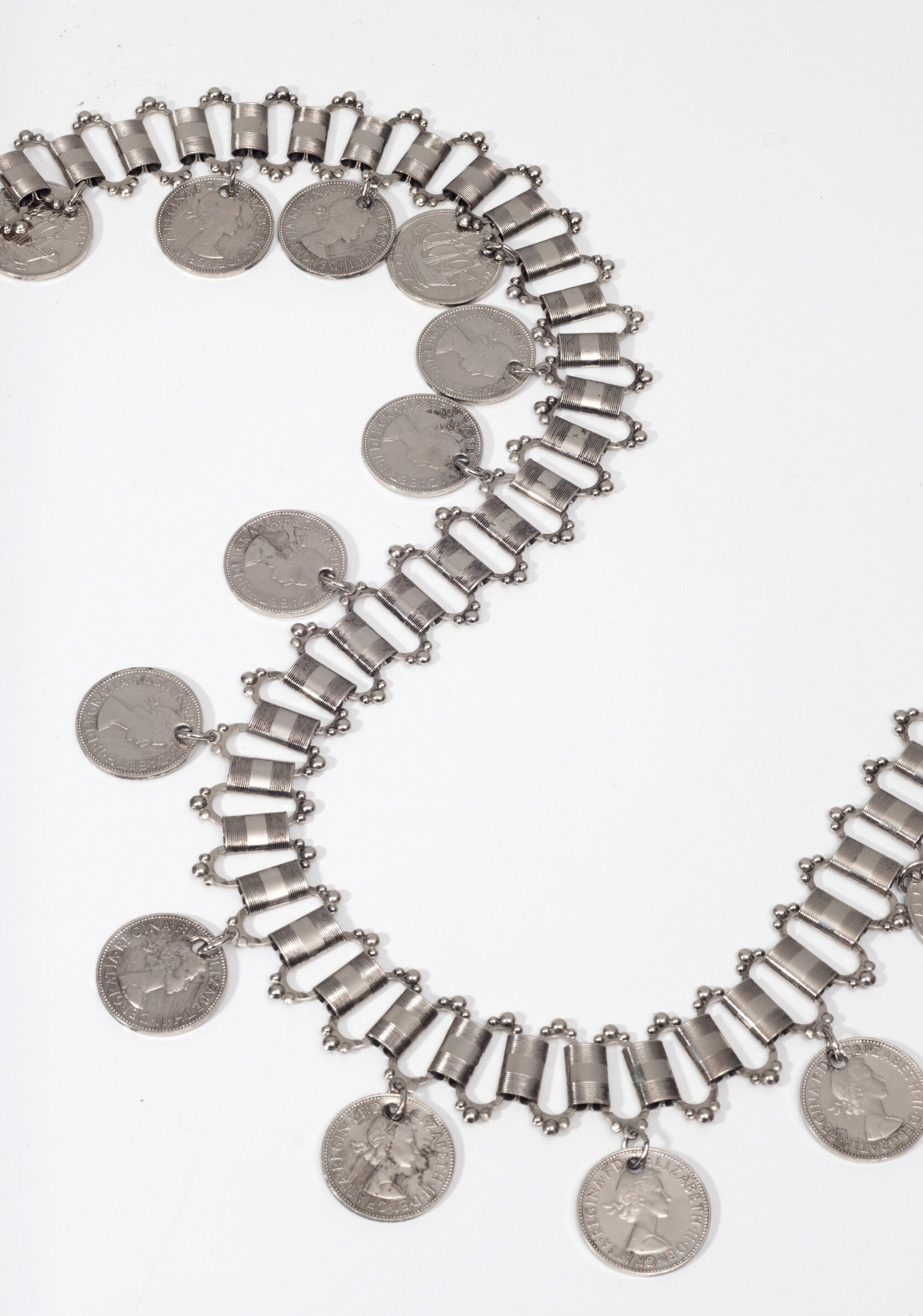 30” Coin Belt Silver Tone Loop Chain Belt With 18 English 