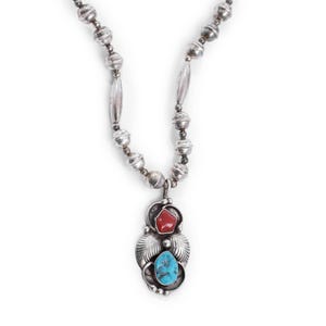 Vintage Navajo Sterling Silver Coral & Turquoise Pendant Necklace – 24&quot;, Signed