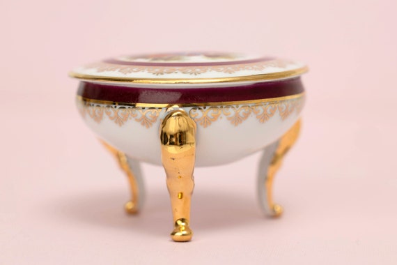 Limoges France Burgundy and Gold Lidded Trinket Jewelry Box with Footed Base View 6