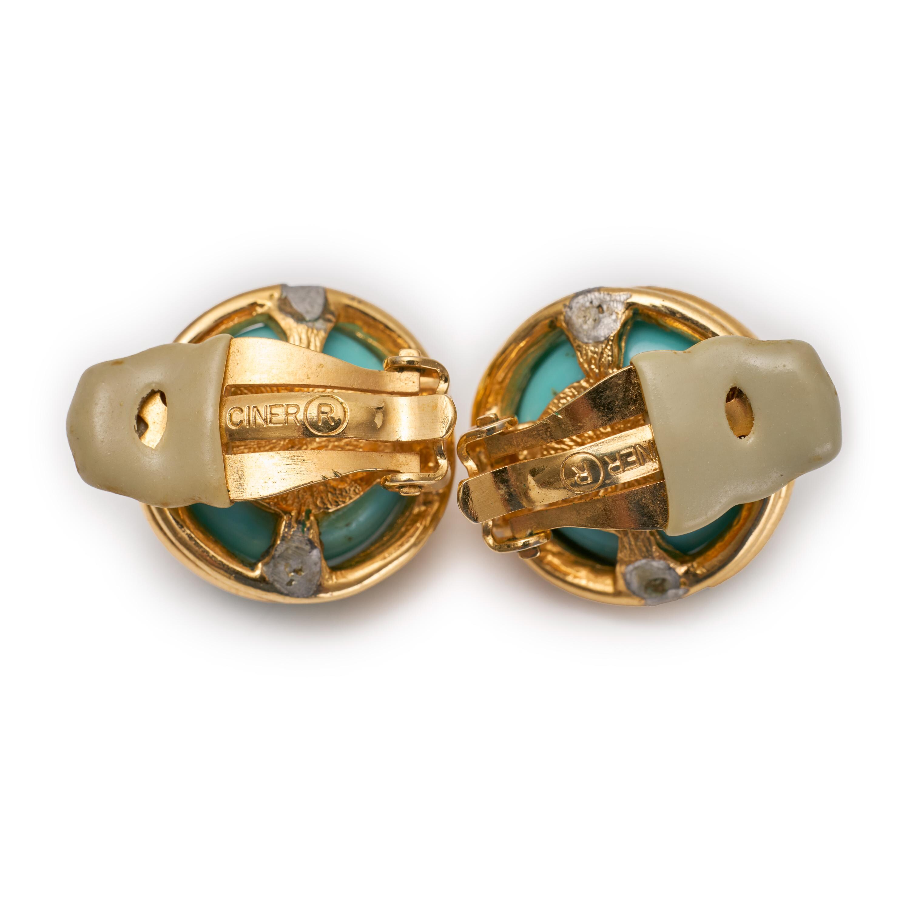 Ciner Round Turquoise Gold Tone Clip-on Earrings - Etsy 1950\'s CINER Signed Swivel Round Turquoise Gold Tone Clip On Earrings Vintage main image 2