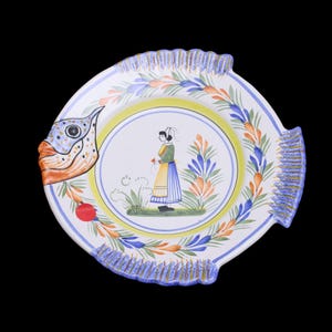 Vintage Henriot Quimper Fish Plate, Hand-Painted French Faience Breton Woman Dish, 9.75-Inch Decorative Pottery