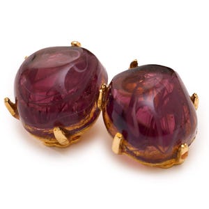 Vintage Kenneth Lane Clip-On Earrings – Red & Purple Art Glass, Gold Tone, .75&quot;