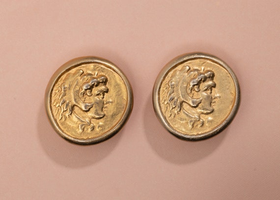 Vintage Gold-Tone Roman Greek Soldier Coin Earrin… - image 1