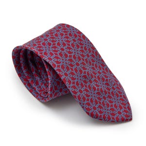 Vintage Gucci Silk Tie Red Blue Geometric Floral Pattern Made in Italy Designer Necktie