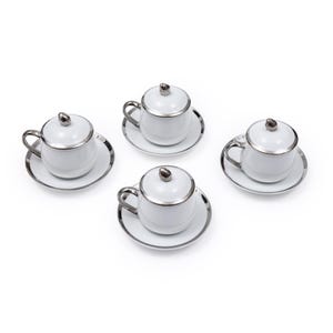 Vintage Georg Jensen Pot de Creme Cups Set of 4 White Porcelain Silver Trim Lidded Cups Saucers Box