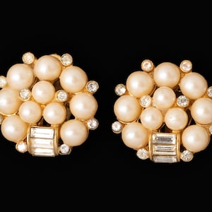 Nina Ricci Faux Pearl and Diamond Cluster Gold Tone Clip Earrings