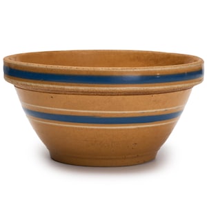 Vintage Blue Stripe Stoneware Bowl – 7.5&quot; Diameter, Primitive Kitchen Decor