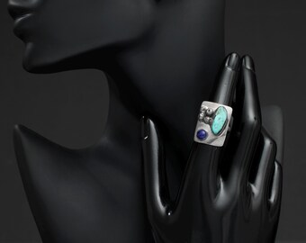 Vintage Sterling Silver Turquoise & Lapis Statement Ring – Size 6, 6.64g
