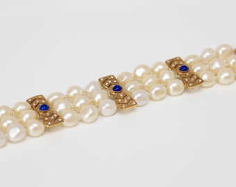 Vintage Miriam Haskell Baroque Pearl Bracelet: Gold Bows, Faux Sapphires