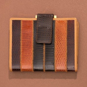 Vintage leren Lodis-portemonnee – gestreept hagedis-/slangenleerpatroon, druksluiting, dubbelgevouwen met portemonnee