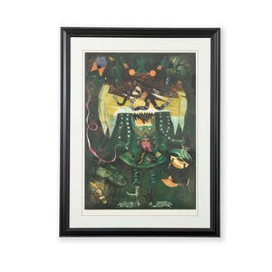 May include: A framed print of a colorful, abstract collage depicting a figure with a green and yellow costume, surrounded by various shapes and patterns.