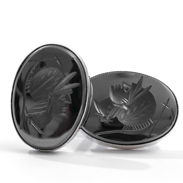 Vintage Sterling Silver Handmade Hematite Roman Soldier Cufflinks – Stamped 925, Oval