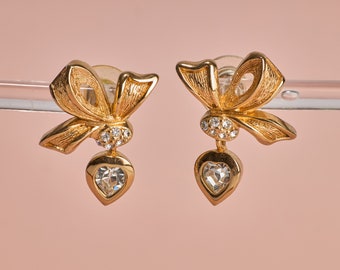 Vintage Christian Dior Gold Tone Rhinestone Bow Earrings