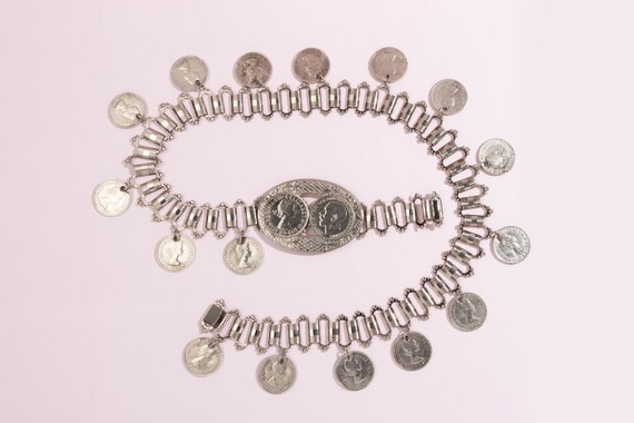 30” Coin Belt Silver Tone Loop Chain Belt with 18… - image 1