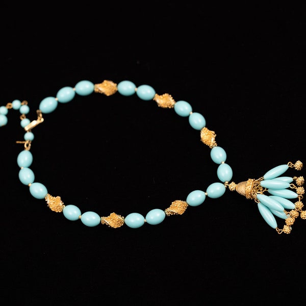Crown Trifari Suspended Animation Faux Turquoise and Gold Textured Beads Tassel Necklace 1960s