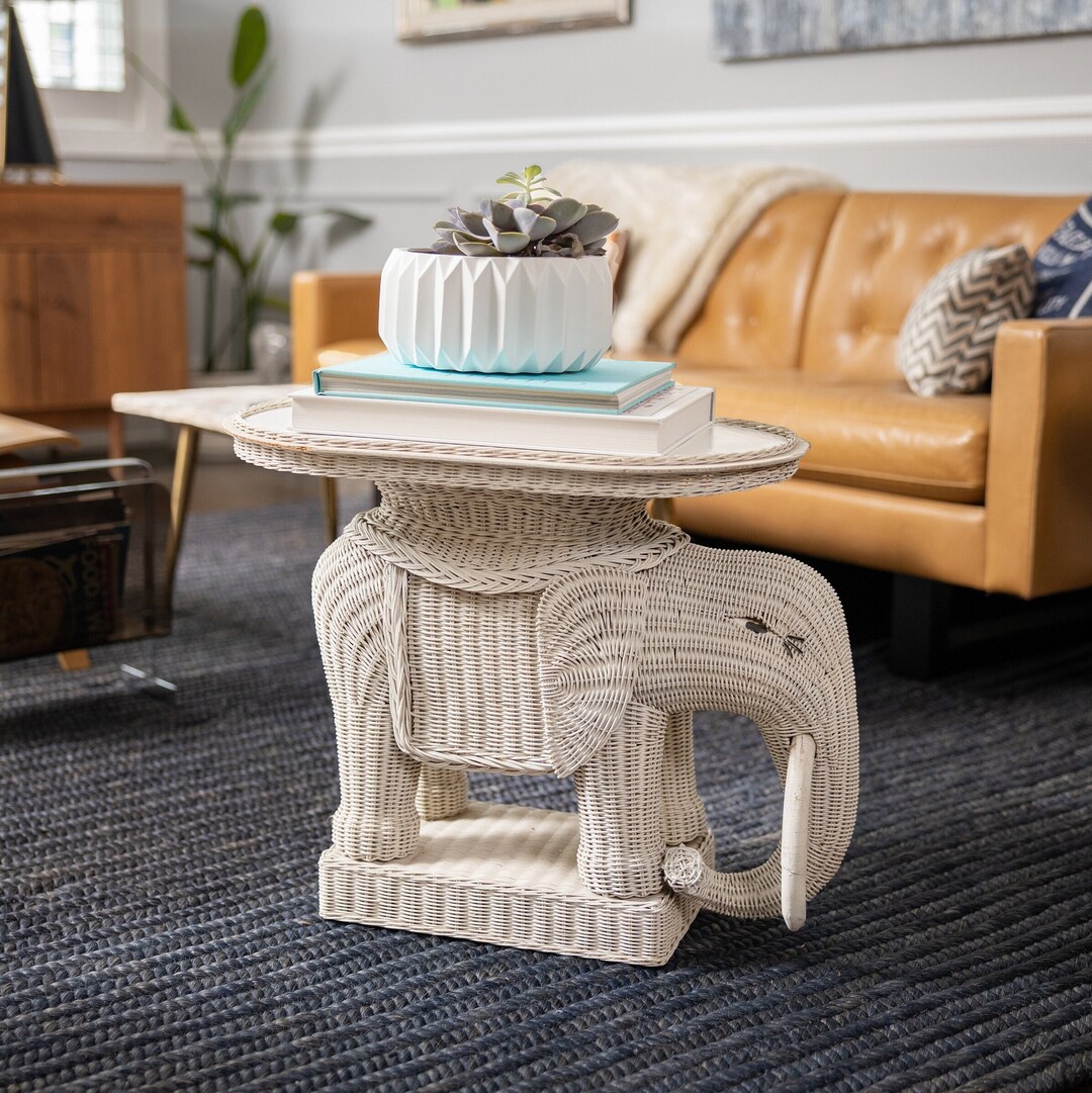 Vintage Elephant White Wicker Side Table With Removable Tray Etsy