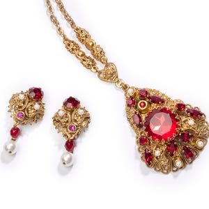 Vintage West Germany Necklace & Earrings Set – Red Rhinestones, Faux Pearls, Filigree Gold Tone