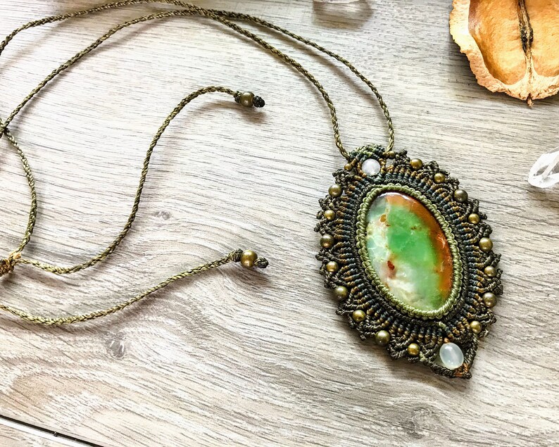 Oval Victorian Era Style Macrame Necklace Design with Peruvian SerpentinePetrified Wood Mix and Crystal Quartz and Brass Beads Very Unique
